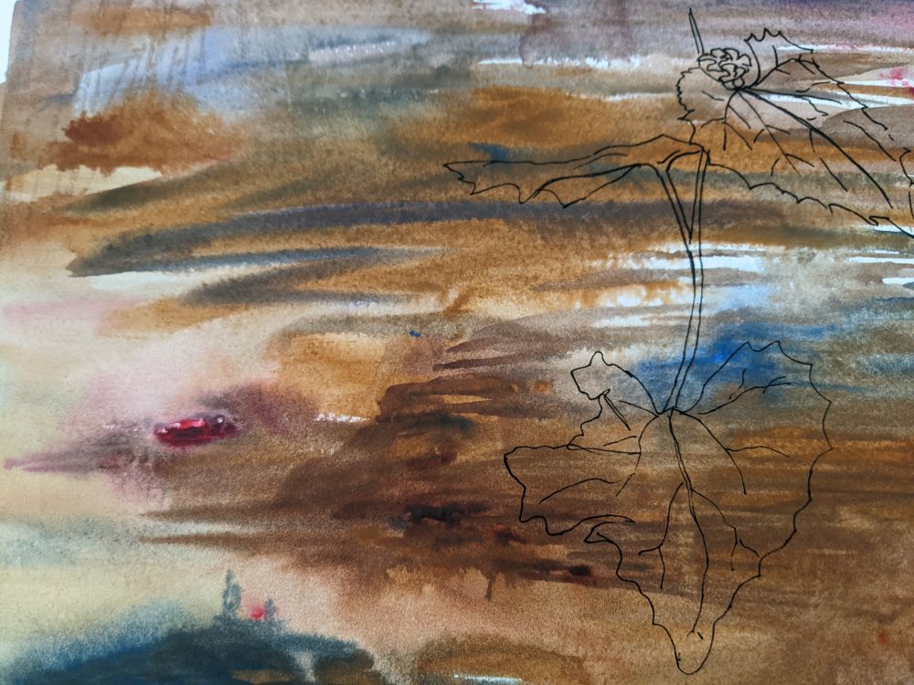 Blue and brown abstract paintings with line drawing of garlic mustard plant 