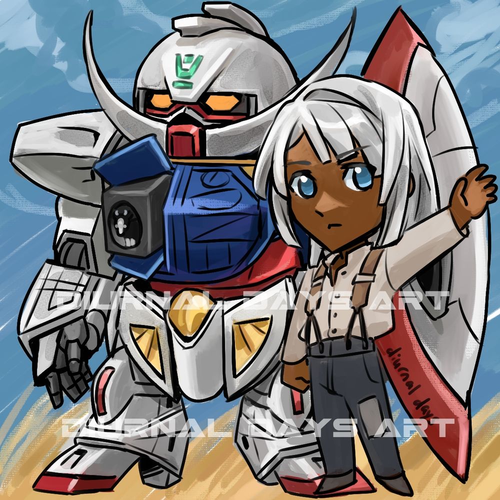 Chibi fanart of the Turn A Gundam with a chibi Loran in front wearing his farmer outfit. The Turn A's chest compartment is open and has a cow in it.