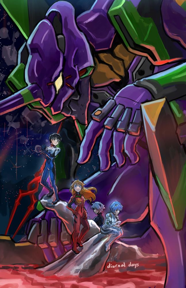 Painting of the Eva Unit 01 kneeling and looking down at Shinji, Asuka, Kaworu, and Rei, who are all standing on rocks in the middle of the red ocean