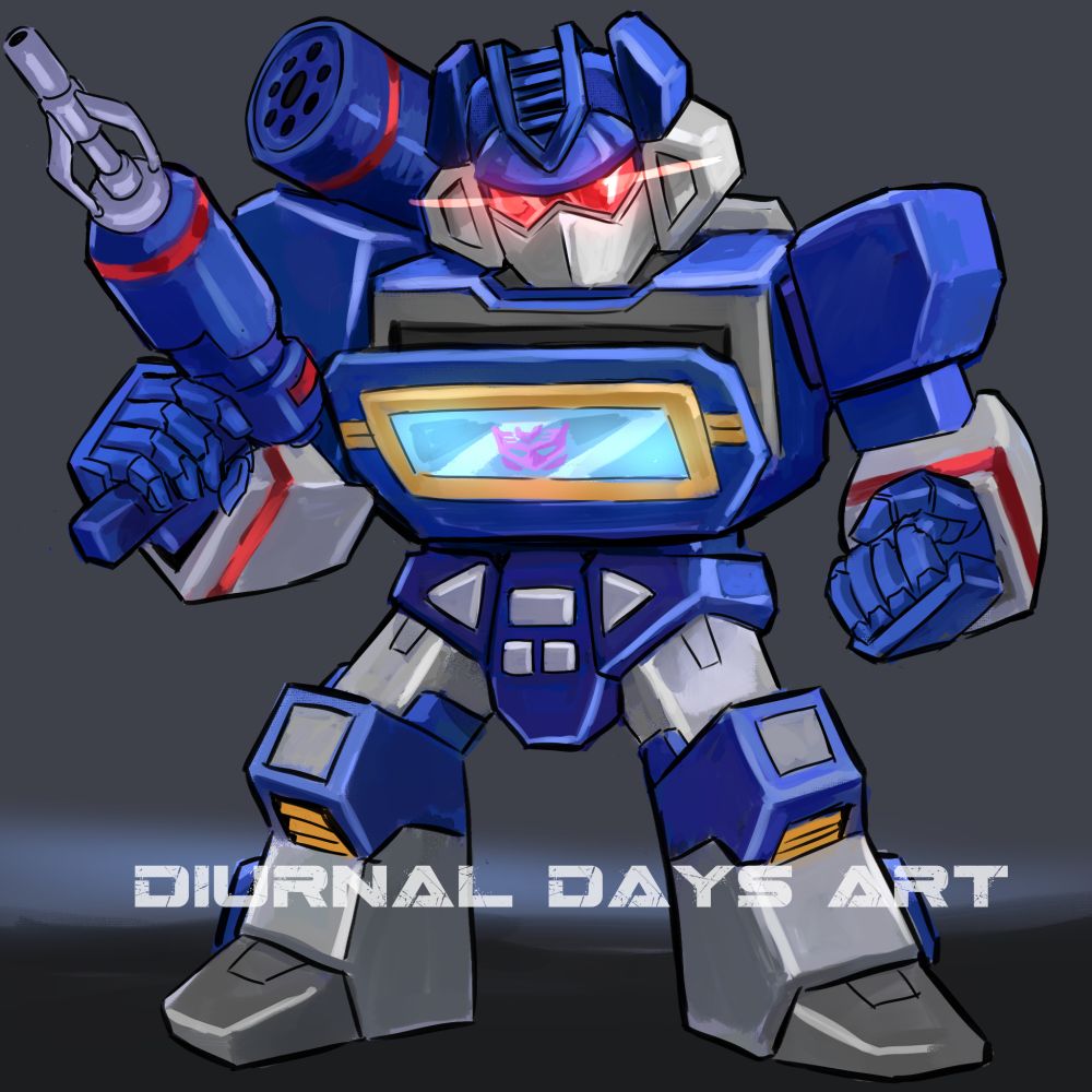 Digital artwork of Soundwave from Transformers. His visor is glowing and his front panel is open.