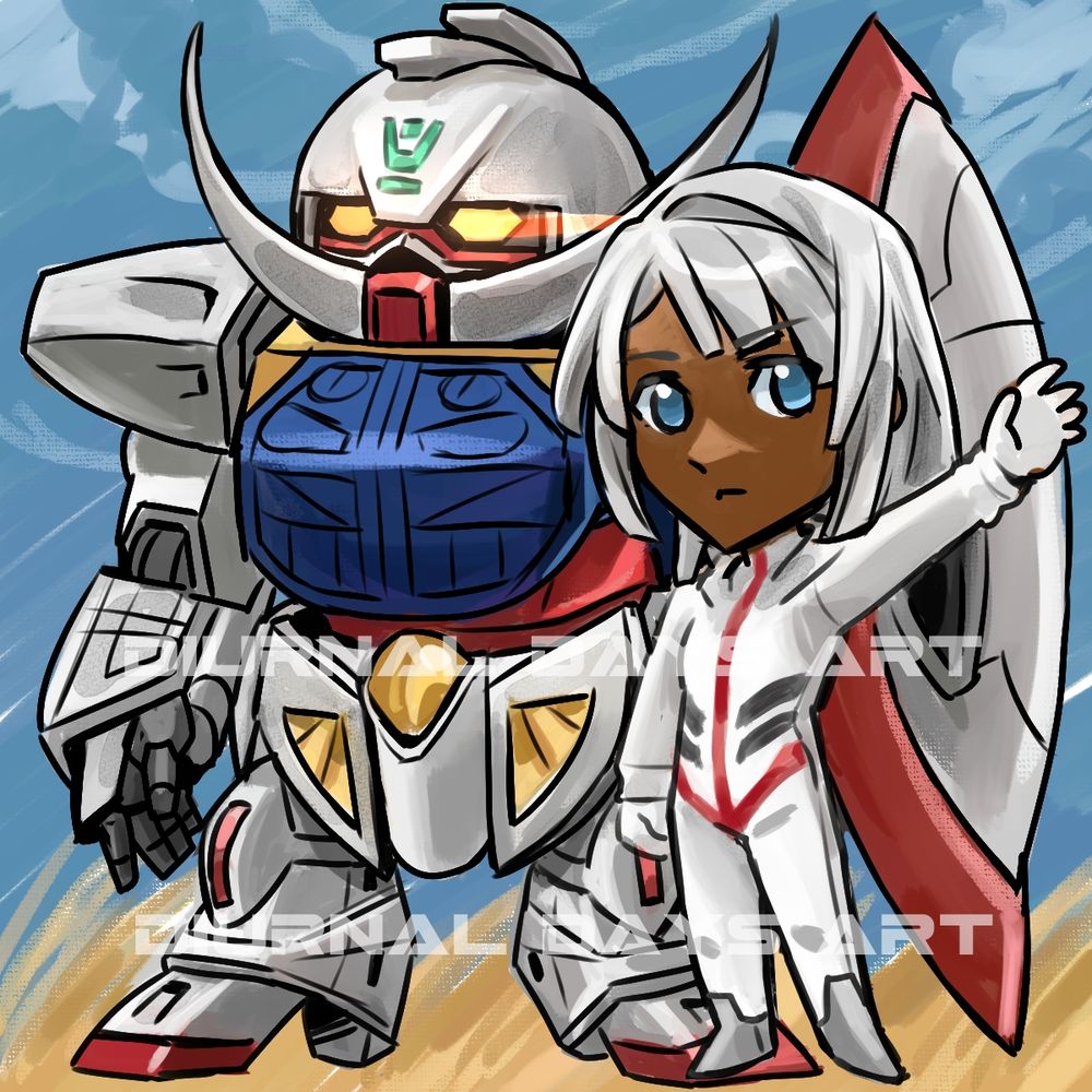 Chibi fanart of the Turn A Gundam with its eyes glowing and a chibi Loran standing in front wearing his pilot suit.