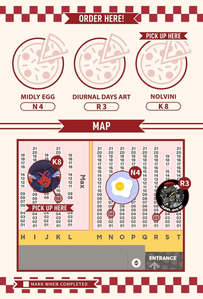 Graphic showing the artist locations at Anime Expo. Nolvini (who is the pickup table) is at K8, Midly Egg is at N4, and Diurnal Days is at R3.