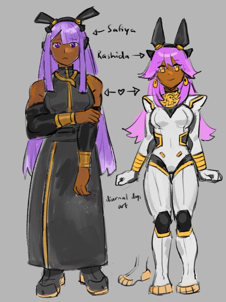 Drawings of Safiya on the left and Rashida on the right. Safiya has long purple hair, a long dress, and a metal bunny ears headpiece. Rashida has long pointy pink hair, jewelry, a white bodysuit, and a metal jackal ears headpiece. Safiya is holding her arm timidly, while Safiya is happily standing in place.
