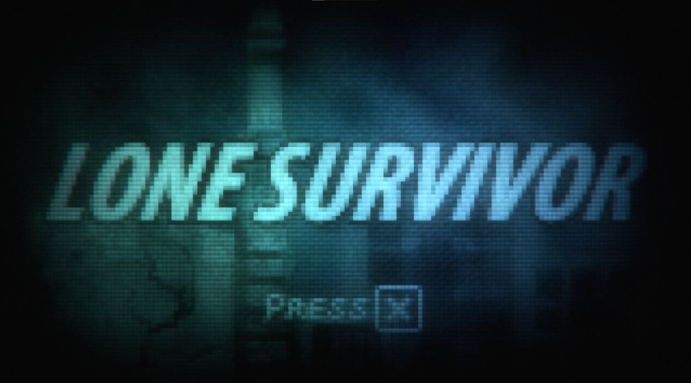 the Lone Survivor titlescreen showing a foggy and decrepit city, lit by bluish-green night. the 'press X' prompt is visible.