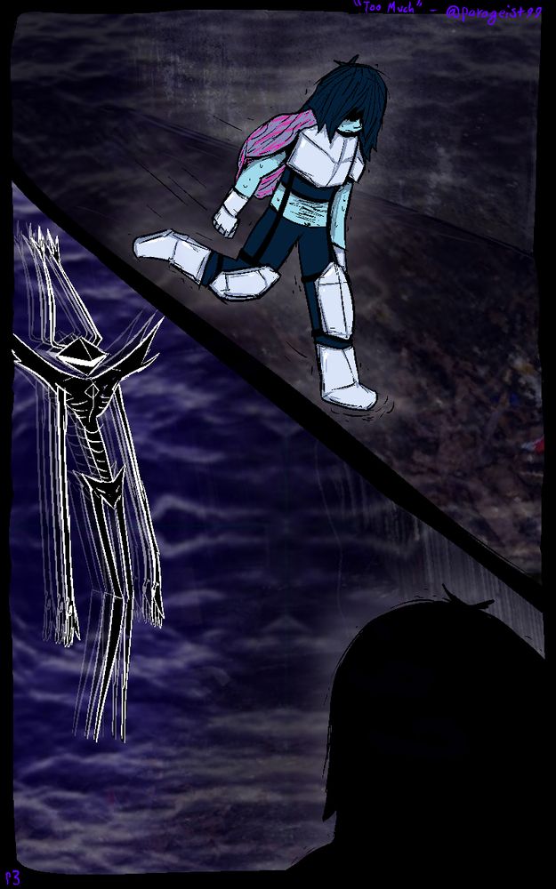 kris walks through a hallway in the bunker, and is met by the roaring knight, standing there aimlessly. the darkness of the bunker seems to grow darker around the knight's form