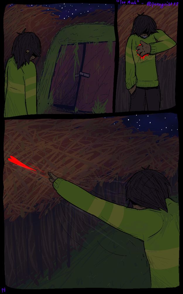 kris dreemurr looks at the bunker at the end of chapter 3 as it opens up for them. they rip their soul out and throw it into the woods, it's nighttime