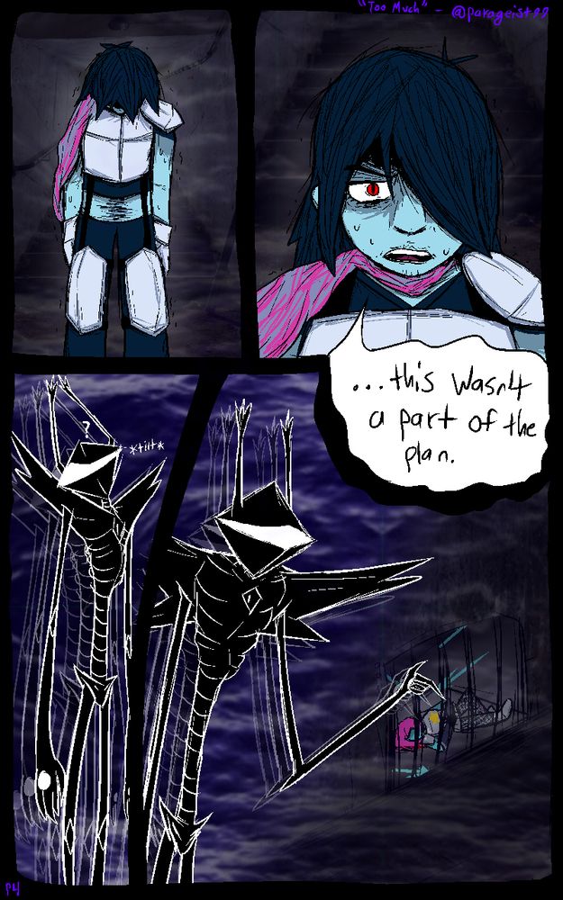 kris stops walking, looking down, before raising their head and looking forward with a frustrated and scared expression, saying "...this wasn't a part of the plan". the knight tilts their head in confusion, before pointing to an unconscious undyne with her hands tied behind bars.
