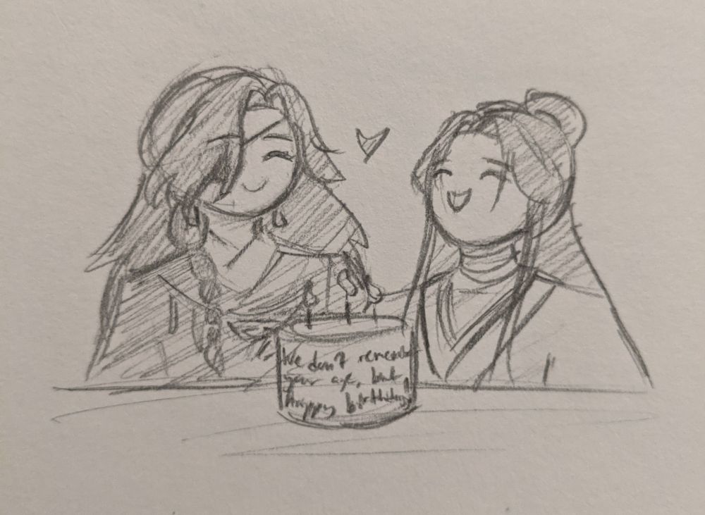 Hua Cheng (left) and Xie Lian (right) sharing a cake for Hua Cheng's birthday. They both look very happy and there's a little heart between them. The text on the cake reads "We don't remember your age, but happy birthday!"