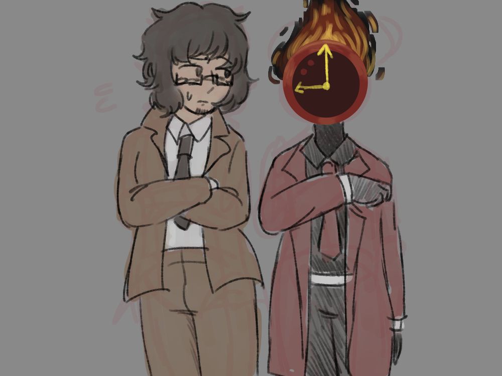 kazuo yashiki (deathmark) and dante (limbus company) standing next to eachother. yashiki stares at dante's clockhead in confusion