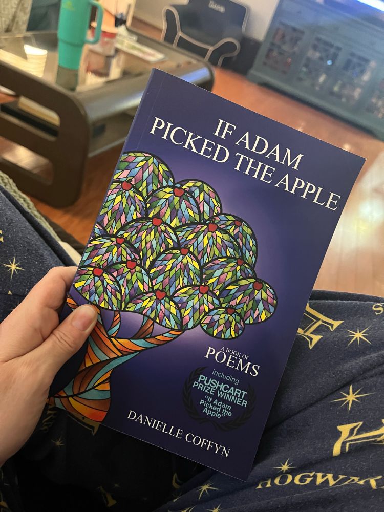 A poetry book titled “If Adam Picked the Apple” with a colorful tree graphic on the cover.