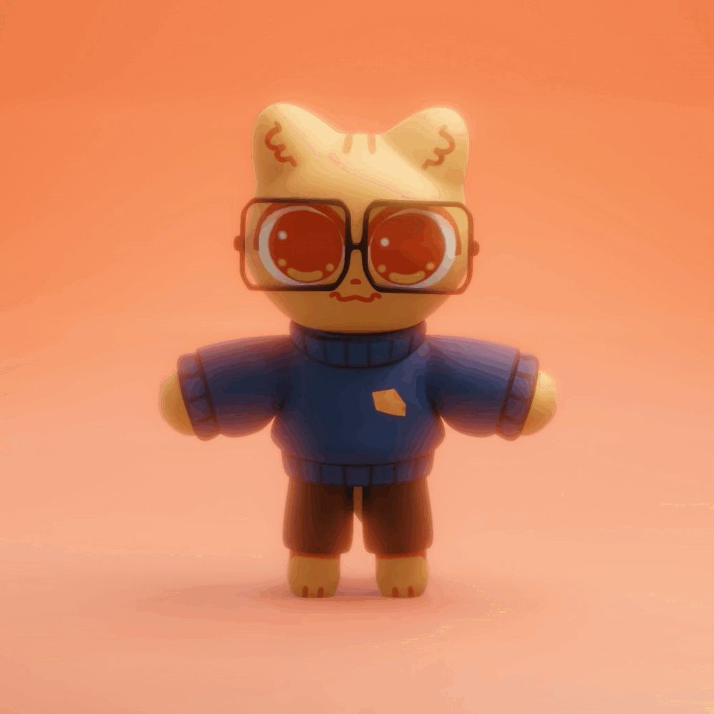 A 3D model of catpie (my sona). It is a cartoon-style cat with orange fur, stripes, a blue sweater with cheese on it, and brown pants. It is also wearing square glasses. It is stuck in idle animation, with its arms bobbing up and down.