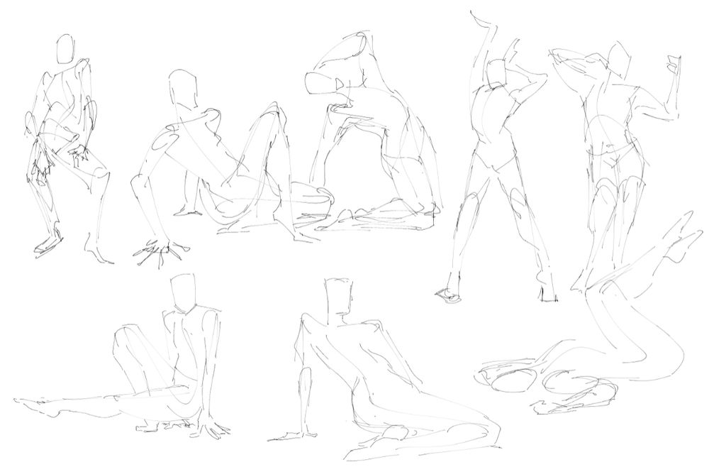 Gesture drawing of various posing figures.