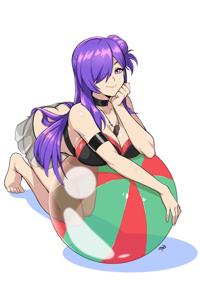 A pin-up of F!Shez from Fire Emblem Warriors: Three Hopes in her Mercenary Shine design from Fire Emblem Heroes, kneeling and resting her front against a large beach ball. She's smirking at the camera, with her left hand propping up her head and her right arm laying across the beach ball.