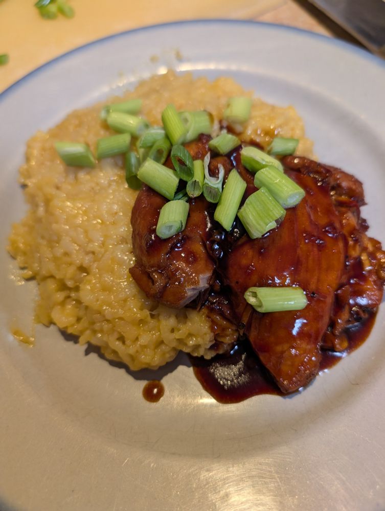 A plate with a heap of risotto with a chicken thigh coated with a dark glaze garnished with green onion