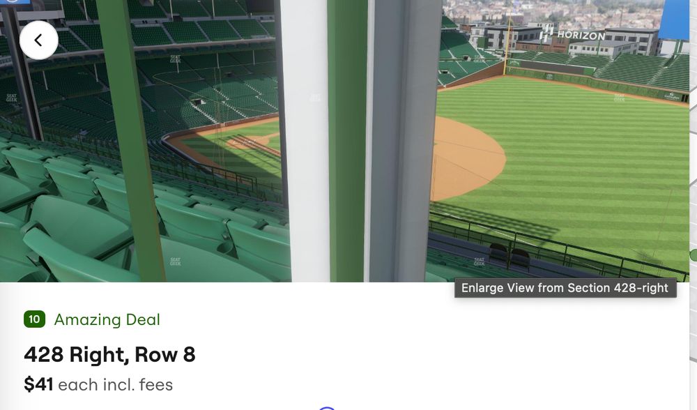 a screenshot of a baseball ticket webstite. preview of the view from the seats shows a poll in front blocking the view of most of the field. The website says the seats are 10 Amazing Deal. 