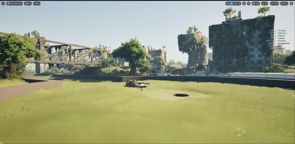 a tank on a gigantic minigolf course. There are ruined buildings in the background, slowly getting taken over by nature.