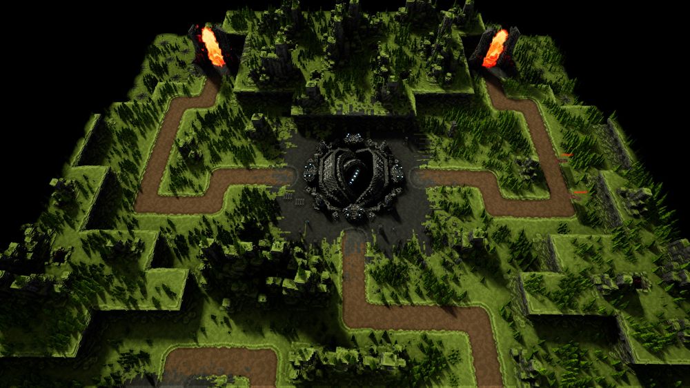 One of the maps from Crucible, my upcoming tower defense game. Enemies spawn at the red portals, and follow the brown roads to attack the middle structure.
