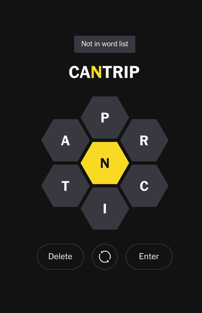 Spelling Bee depicting the word “cantrip” as an unacceptable option.