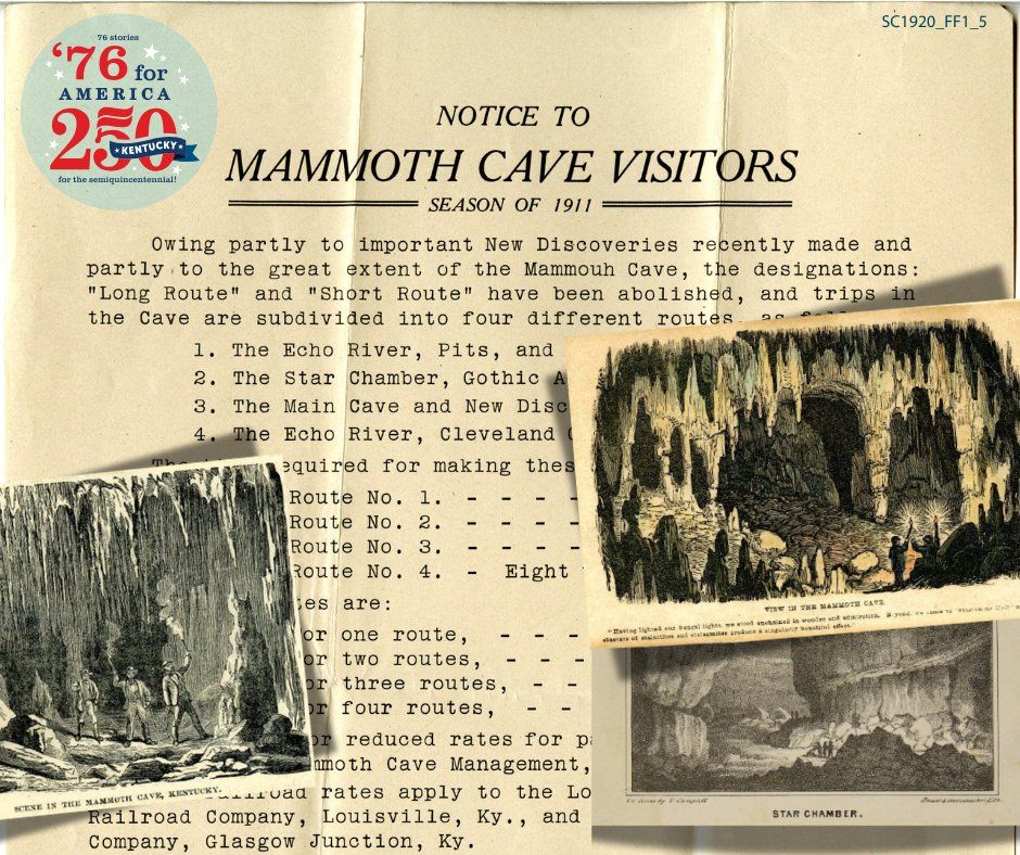 A typed notice describing the four new routes available in Mammoth Cave.
Kentucky Historical Society, SC1920
https://kyhistory.com/digital/collection/MS/id/26936/rec/2