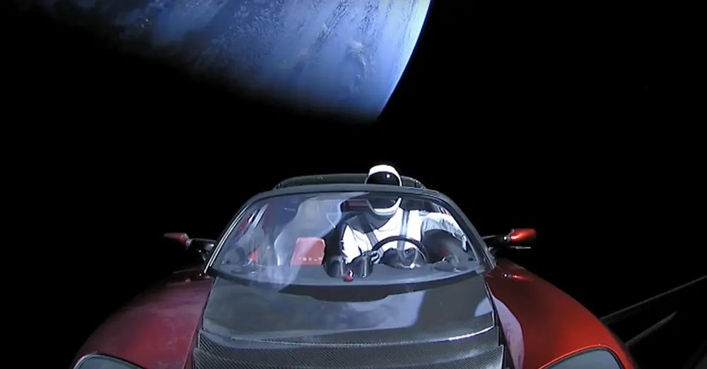 Tesla roadster launched in 2018, with "Starman" at the wheel.