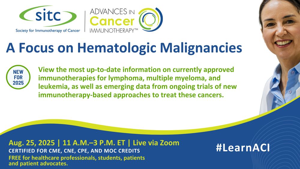 View emerging data from ongoing trials of new IO-based approaches to treat hematologic malignancies! Access the most recent cancer IO updates at SITC's #virtual ACI: A Focus on Hematologic Malignancies program Aug. 25. 

View topics: https://www.sitcancer.org/edu/aci/hematologic-malignancies

#LearnACI #MedSky #Immuno 🧪