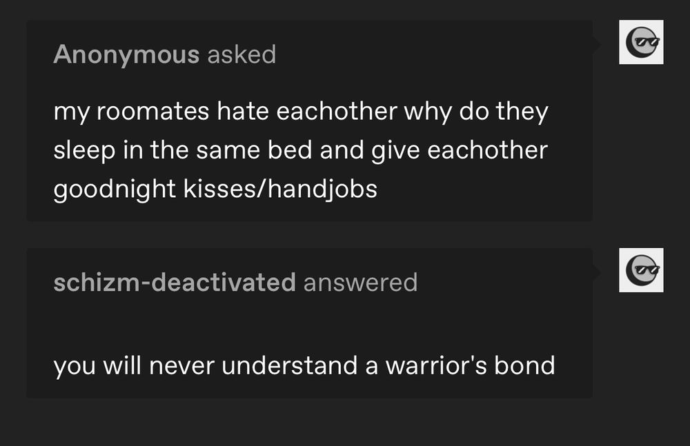 screenshot of tumblr ask.
from anon: my roomates hate eachother why do they sleep in the same bed and give eachother goodnight kisses/handjobs
response: you will never understand a warrior's bond
