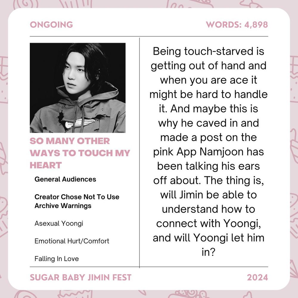 Being touch-starved is getting out of hand and when you are ace it might be hard to handle it. And maybe this is why he caved in and made a post on the pink App Namjoon has been talking his ears off about. The thing is, will Jimin be able to understand how to connect with Yoongi, and will Yoongi let him in?