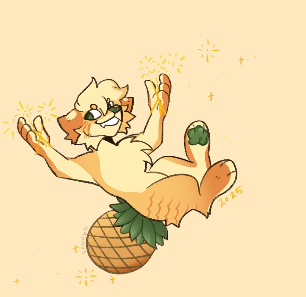 Piña, the pineapple cat, is holding two sparklers in each paw/hand. 