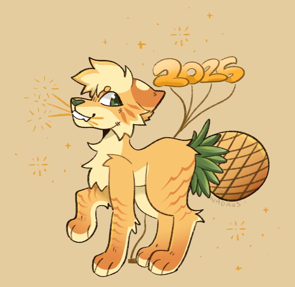Piña, the pineapple cat, is holding sparklers in his mouth with number balloons spelling “2025” on his right side while looking at the balloons.
