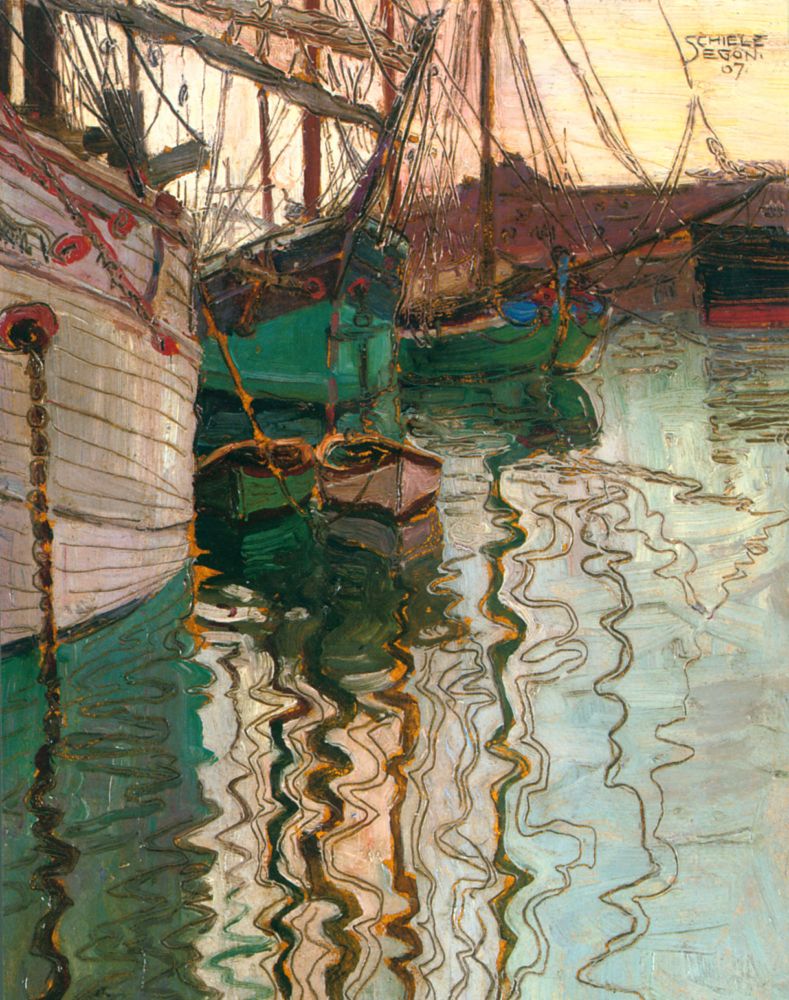 Von Egon Schiele - Reprografie aus Kunstbuch, Gemeinfrei, https://commons.wikimedia.org/w/index.php?curid=5330053 Egon Schiele, Hafen von Triest