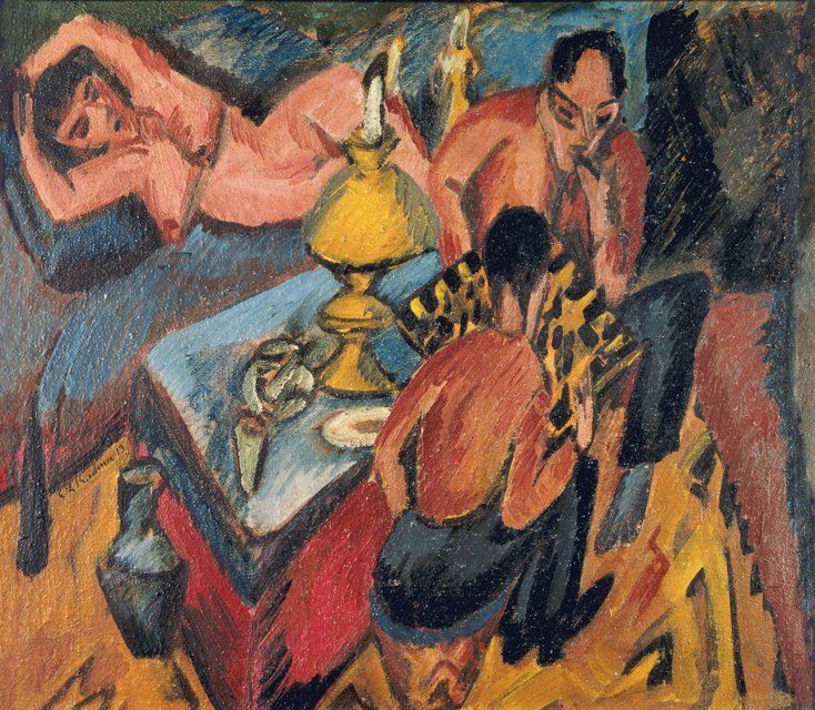 Von Ernst Ludwig Kirchner - Brücke-Museum, Berlin, Gemeinfrei, https://commons.wikimedia.org/w/index.php?curid=58985222

More details: https://www.bruecke-museum.de/de/sammlung/werke/61622/erich-heckel-und-otto-mueller-beim-schach