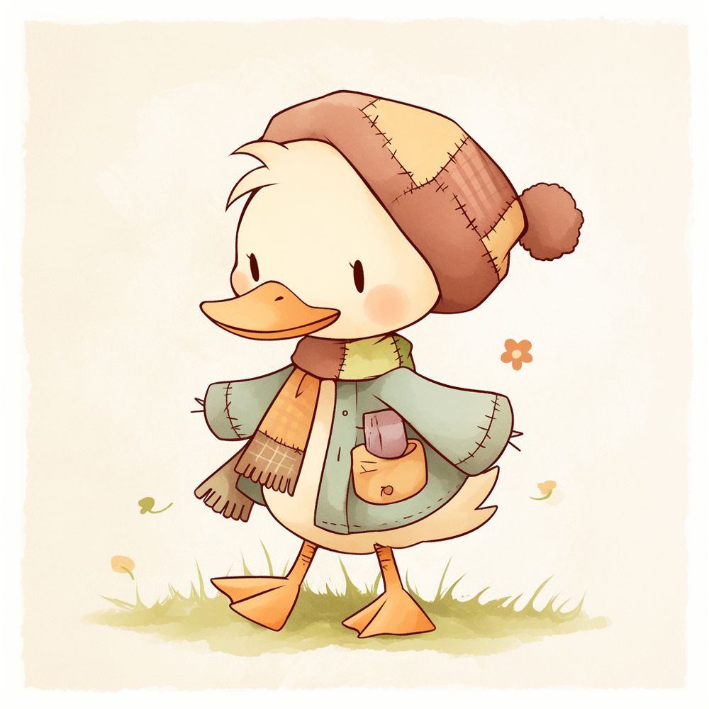a cartoon duck with patchwork hat and scarf