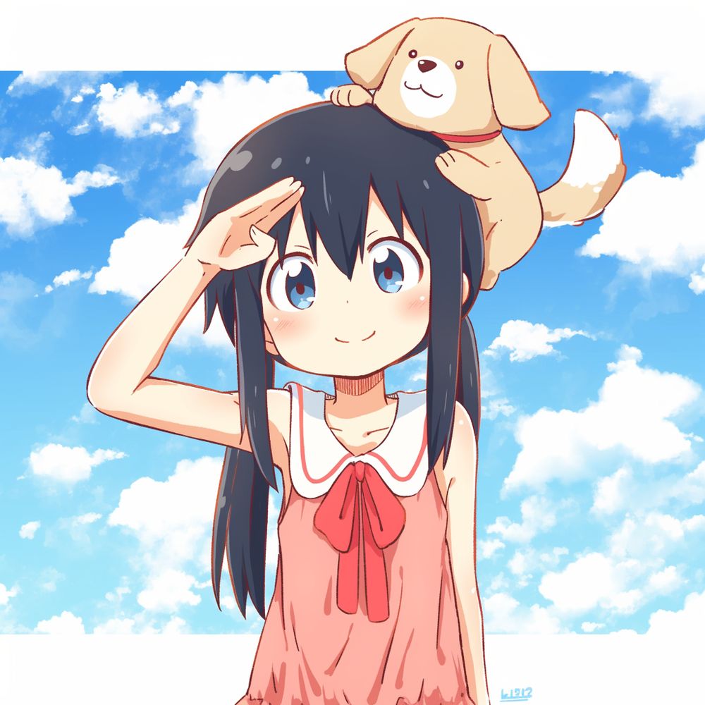 anime of a girl saluting, with a dog sitting on her head