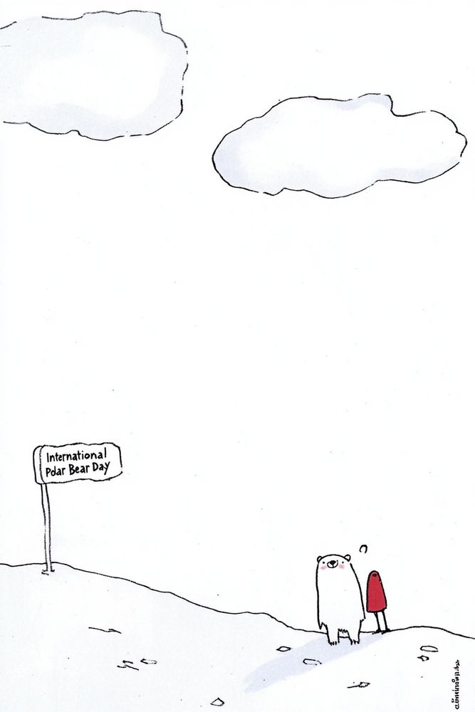 minimalistic drawing of a cute polar bear with a red bird, "International Polar Bear Day Poster"