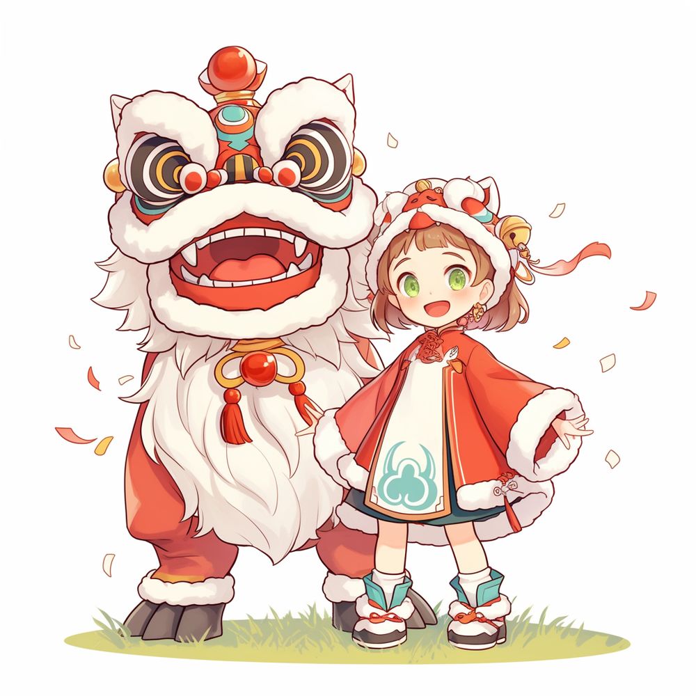 anime of a girl with a dancing lion, chinese cultural dance