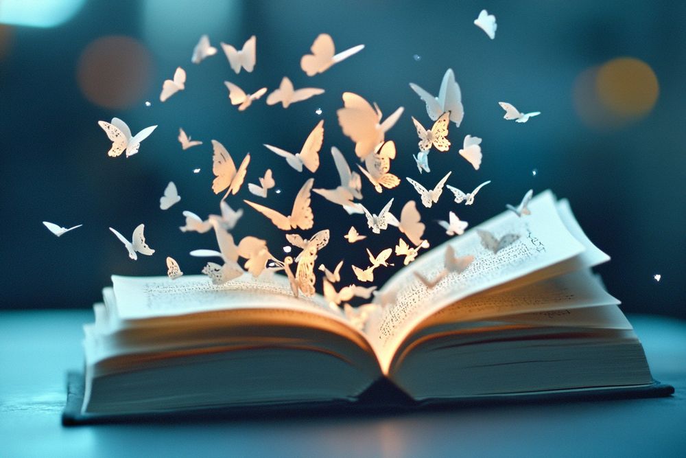 an open book with paper butterflies flying off the page