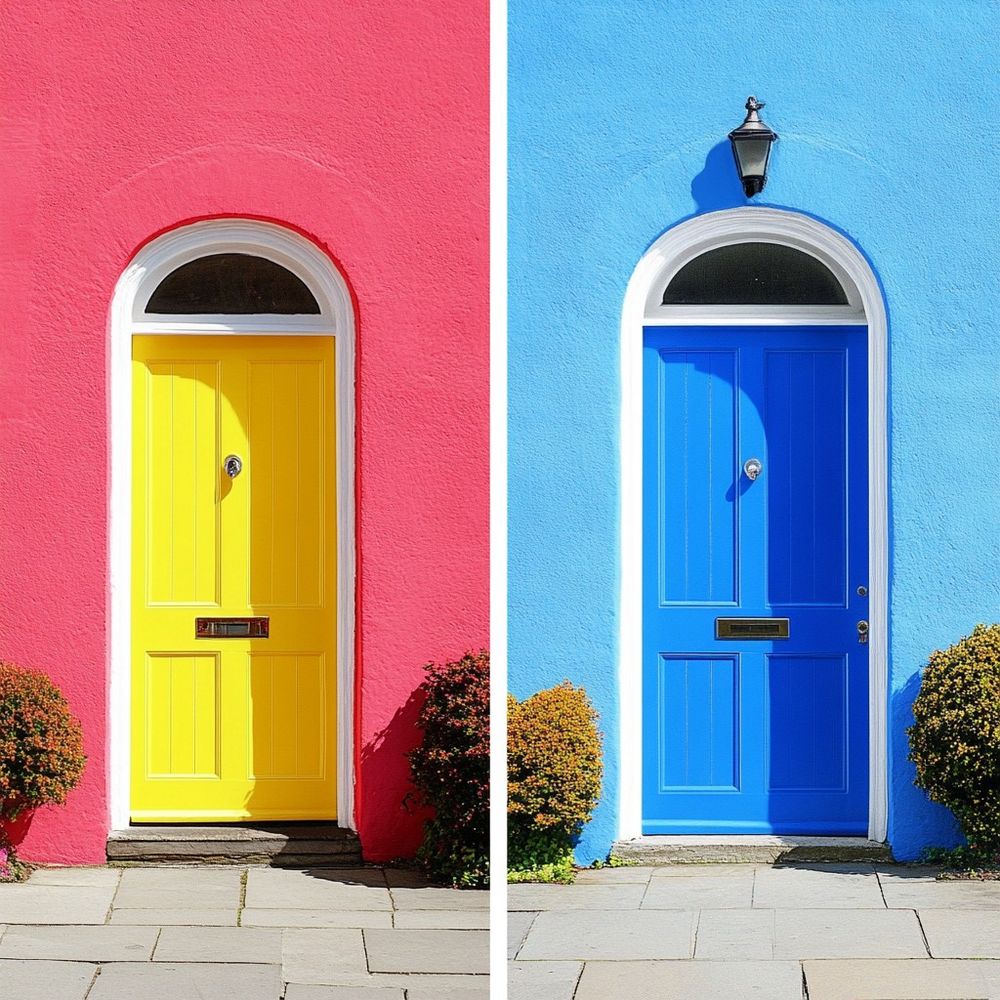 two doors, one yellow with pink wall, one blue with blue wall