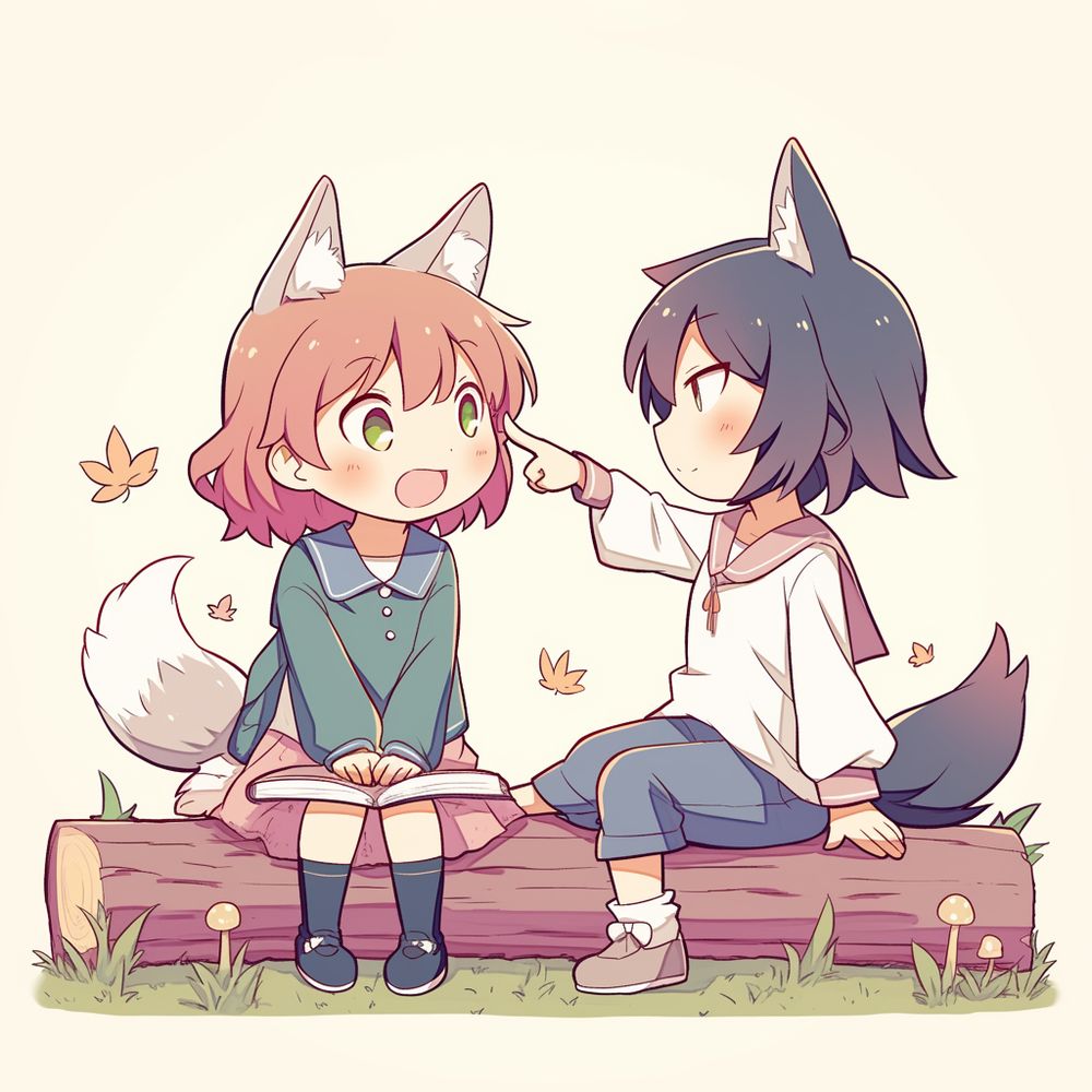 two anime fox girl characters sitting on a log