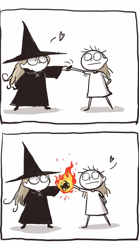 two panel comic of a witch casting love spell then fireball on a girl