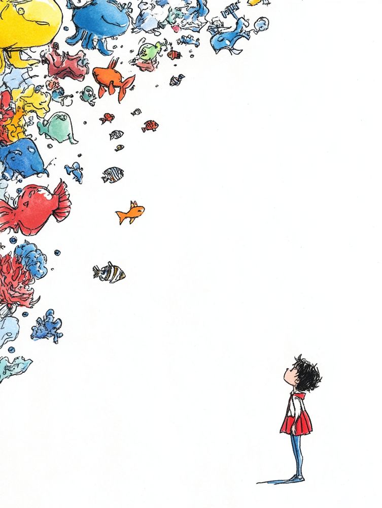 cartoon of a young girl looking up at a jumble of coloured fish