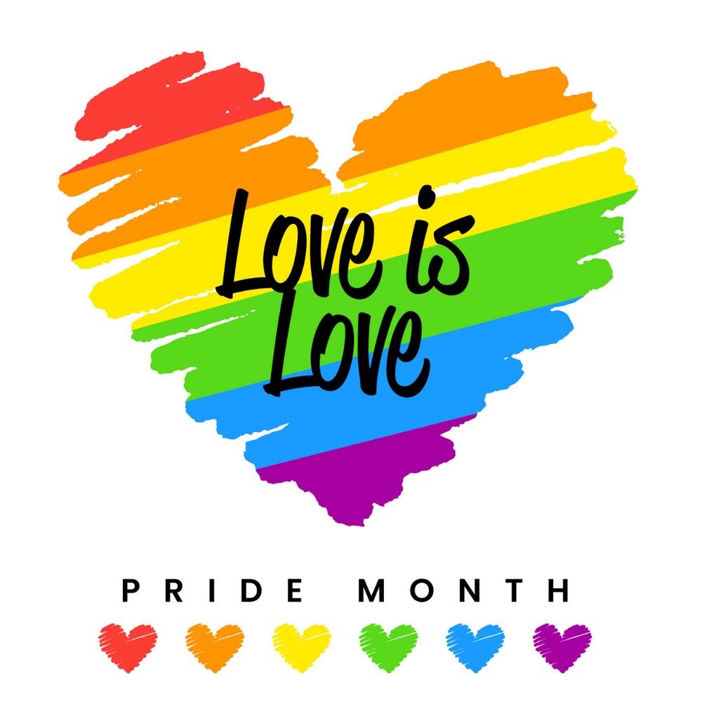 A rainbow heart. Text reads “Love is love. Pride Month.”