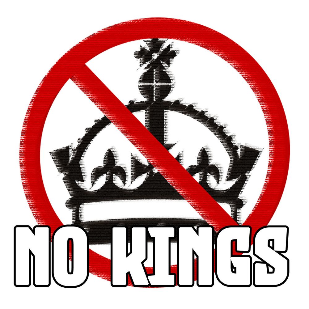 A crown in black with a red circle-slash 'no' symbol over it. "No Kings."