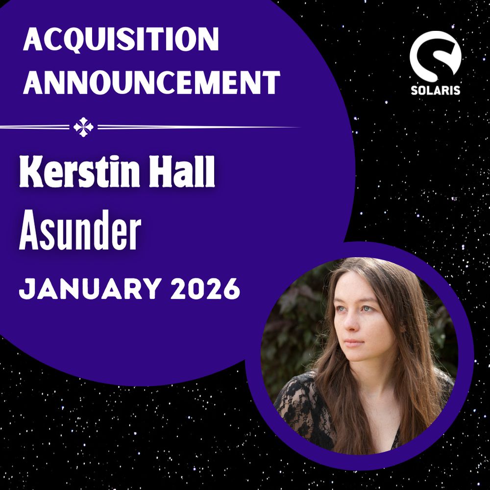 Against a black starred background, two blue interconnected circles. In the larger one, white text "ACQUISITION ANNOUNCEMENT. Kerstin Hall. Asunder. January 2026. In the smaller circle, an author portrait of Kerstin. Credit: Sylvia Hall.