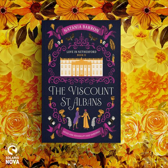Against a yellow and orange flowered background, the paperback cover for THE VISCOUNT OF ST ALBANS by Natania Barron. The white Solaris Nova logo is in the bottom left corner.