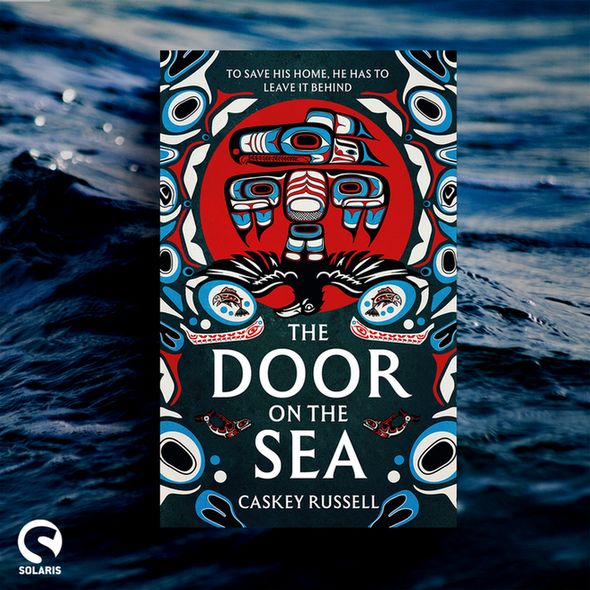 Against a blue watery background with a cresting wave, the book cover for THE DOOR ON THE SEA by Caskey Russell. The white Solaris logo is in the bottom left corner.