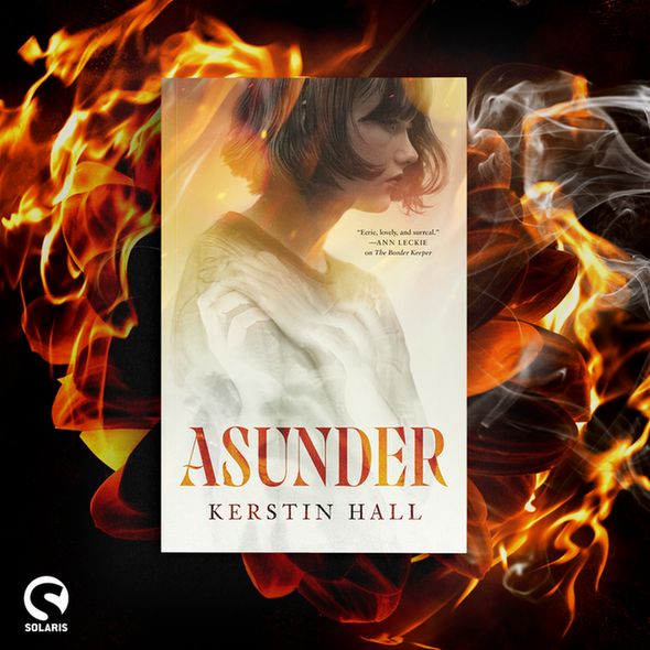 The book cover for ASUNDER by Kerstin Hall against a background of a burning orange flower. The white Solaris logo is in the bottom left corner.