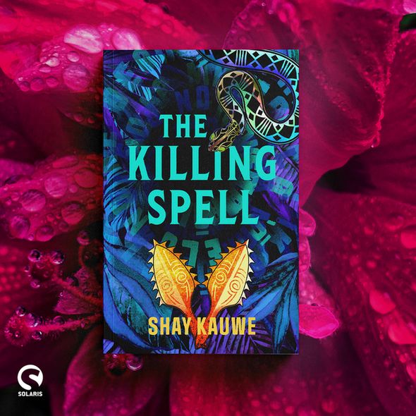 Against a background of pink hibiscus flowers, the book cover for THE KILLING SPELL by Shay Kauwe. The white Solaris logo is in the bottom left corner.