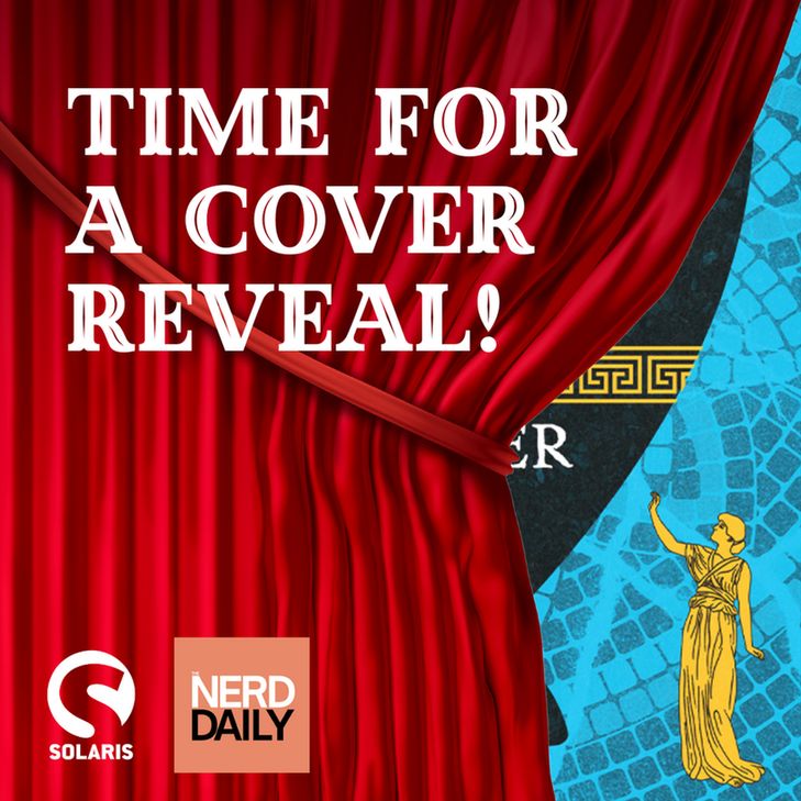 A red curtain partially obscuring the book cover for WHILE THE GODS SLEEP by L. D. Colter. The logos for The Nerd Daily and Solaris are at the bottom left corner. White text at the top left reads "Time for a cover reveal!"
