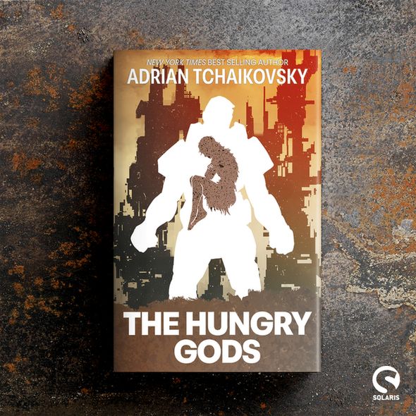 A flatlaid hardback copy of THE HUNGRY GODS by Adrian Tchaikovsky against a rusty metal background. The white Solaris logo is in the bottom right corner.