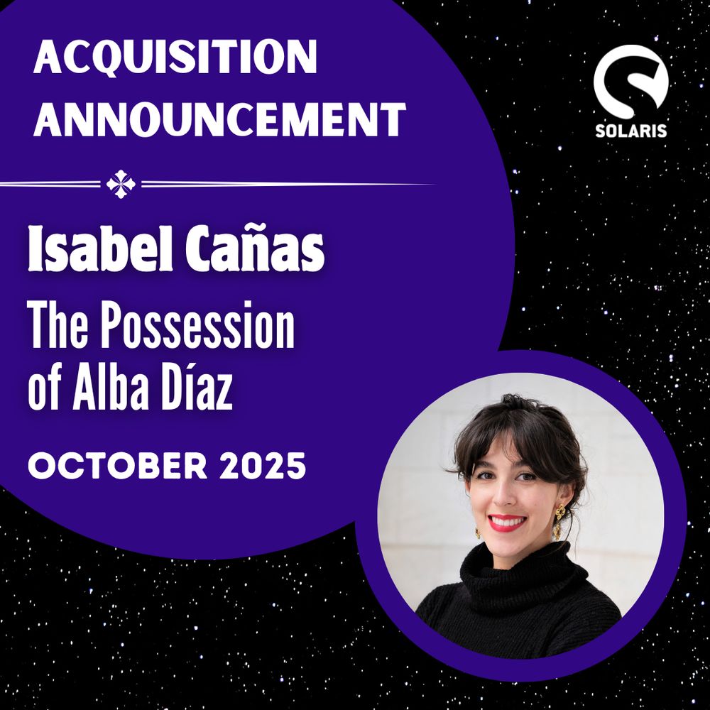 Against a black starred background, two blue interconnected circles. In the larger one, white text "ACQUISITION ANNOUNCEMENT. Isabel Cañas. The Possession of Alba Díaz.  October 2025. In the smaller circle, an author portrait of Isabel.